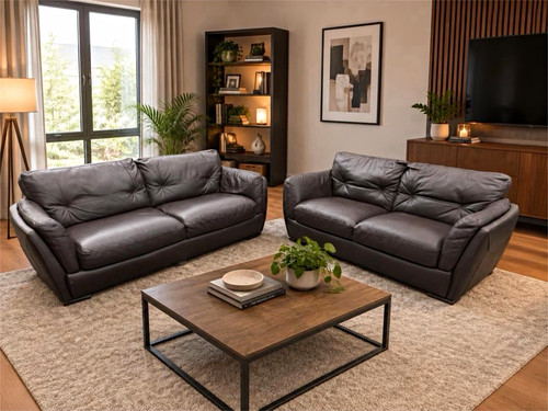 Grey leather piece sofa - sofa, set